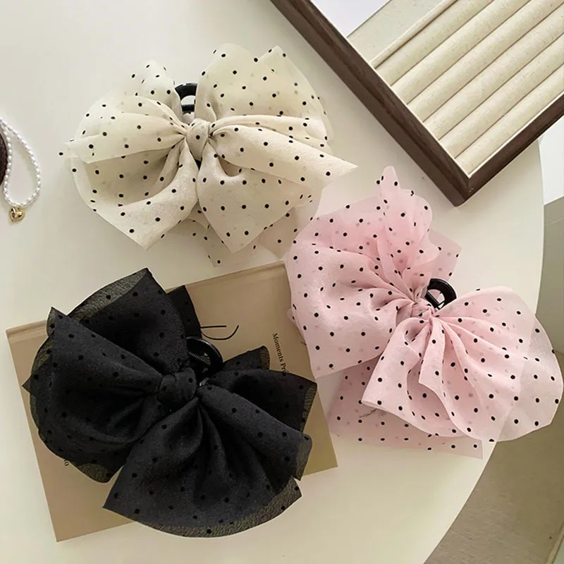 Women Fashion Polka Dot Print Irregular Big Bow Grab Clip