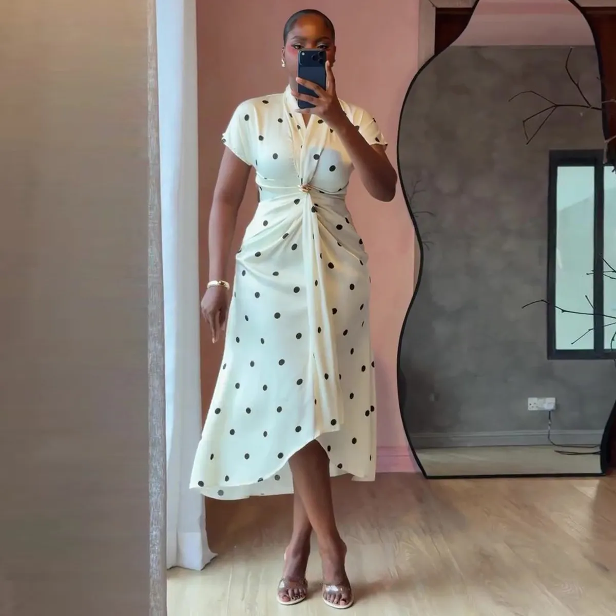 Women'S Fashion Casual Polka Dot Print V-Neck Tight Waist Irregular Dress