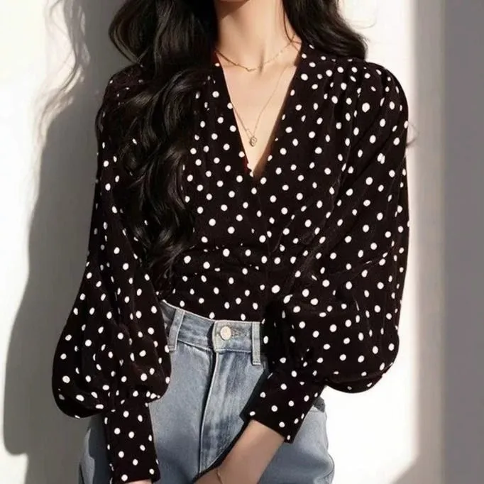 Women Fashion Casual Spring Polka Dot Print V-Neck Long Sleeve Blouse