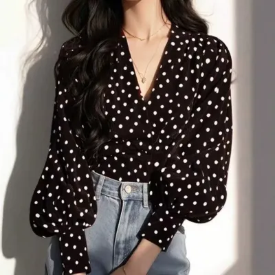 Women Fashion Casual Spring Polka Dot Print V-Neck Long Sleeve Blouse