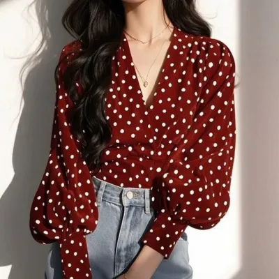Women Fashion Casual Spring Polka Dot Print V-Neck Long Sleeve Blouse