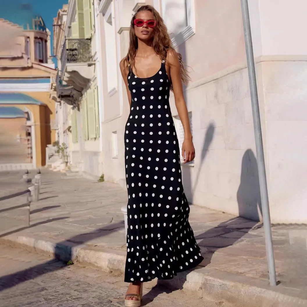 Women Fashion Sexy Summer Polka Dot Print Sleeveless Tight Waist Dress
