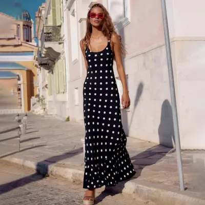 Women Fashion Sexy Summer Polka Dot Print Sleeveless Tight Waist Dress