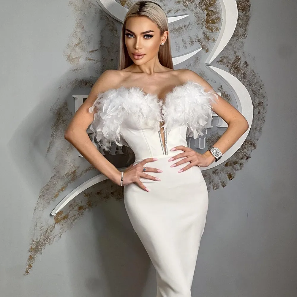 Women Fashion Sexy Solid Color Feather Stitching Deep V-Neck Tube Top Tight Party Dress