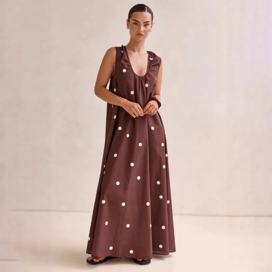 Women Fashion Casual Summer Polka Dot Print U-Neck Sleeveless Large Swing Loose Dress