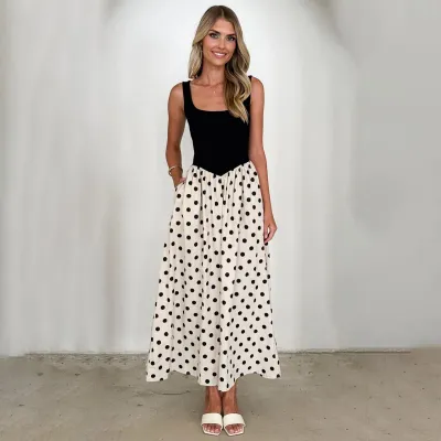 Women Fashion Casual Spring And Summer Polka Dot Print U-Neck Sleeveless Large Swing A-Line Dress