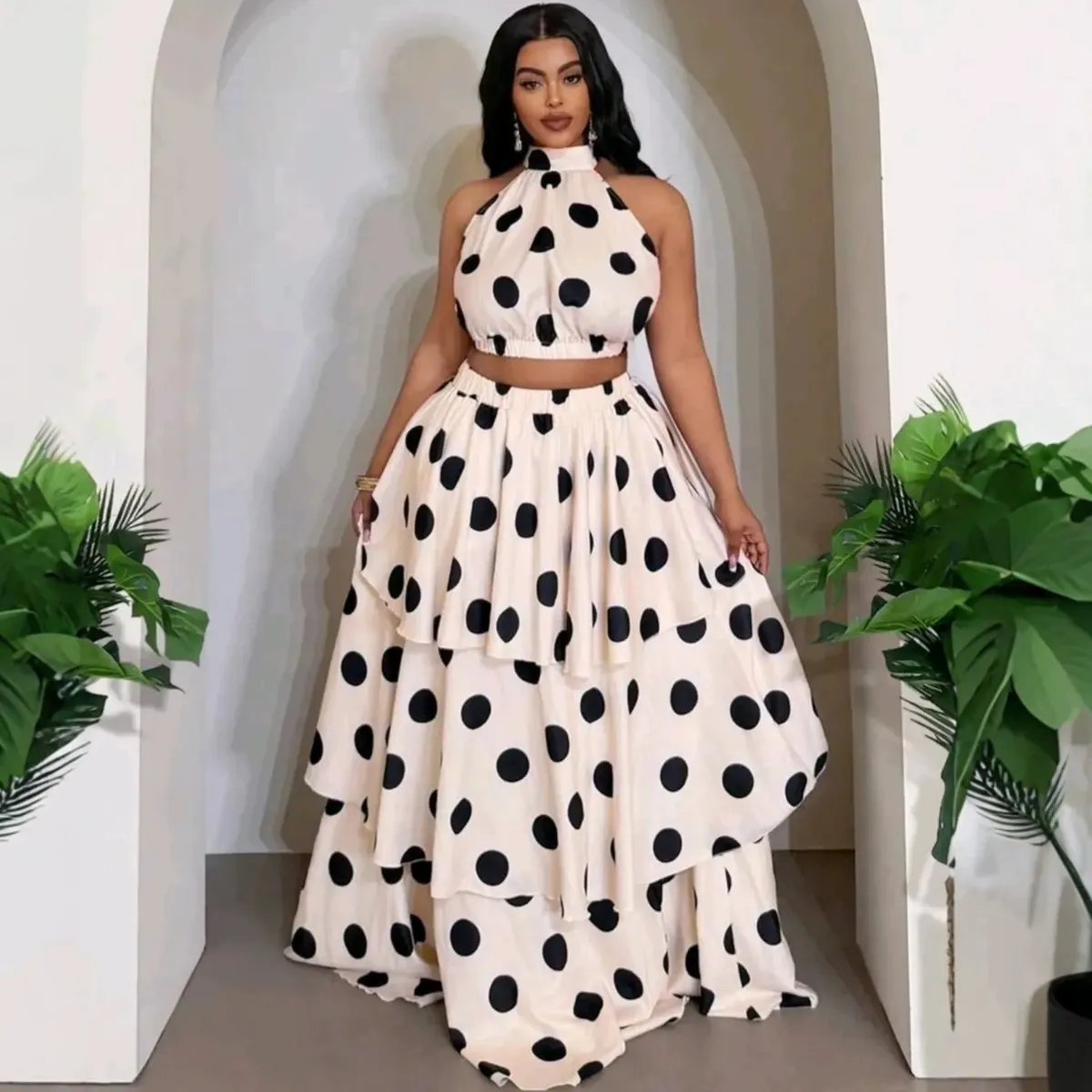 Women'S Fashion Sexy Elegant Polka Dot Print Sleeveless Crop Top Maxi Ruffled Skirt Two-Piece Set