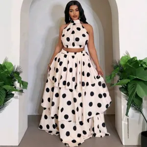 Women'S Fashion Sexy Elegant Polka Dot Print Sleeveless Crop Top Maxi Ruffled Skirt Two-Piece Set