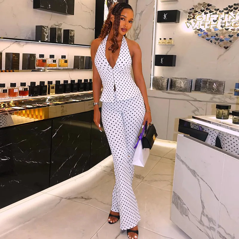 Women Fashion Casual Polka Dot Print V-Neck Halter-Neck Backless Top Slim-Fit Pants Two-Piece Set