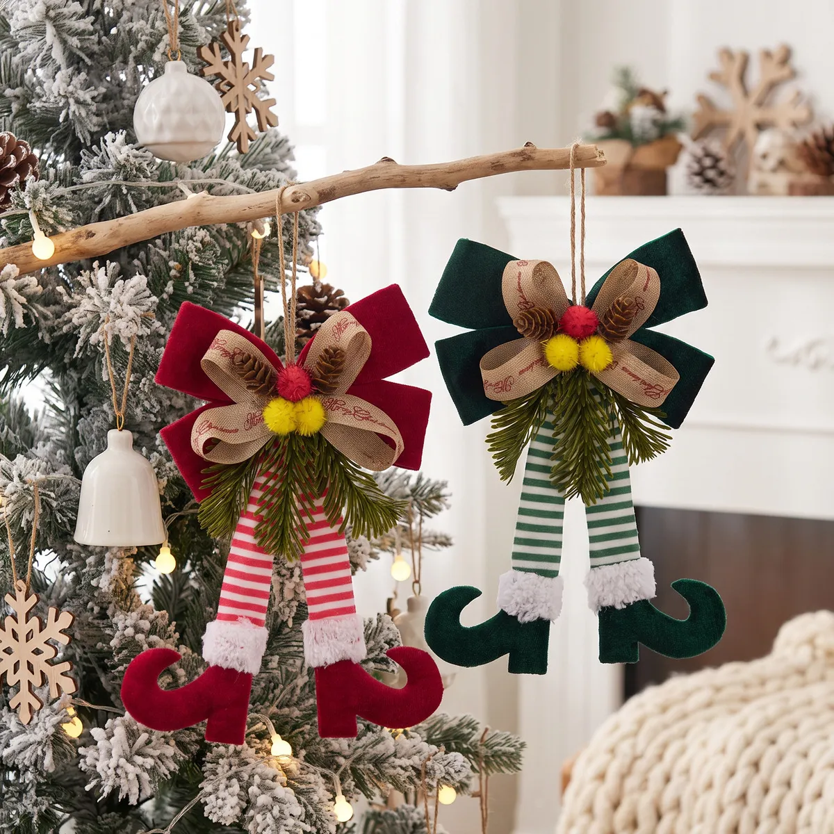 Christmas Red Green Elf Leg Bow Charm Striped Pants Curved Christmas Tree Pendant Decoration
