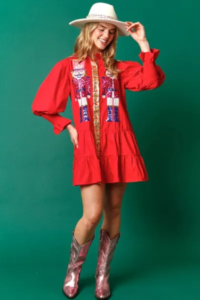 Christmas Women Fashion Casual Color Contrast Sequins Lapel Long Sleeve Ruffled Dress