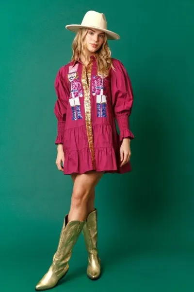 Christmas Women Fashion Casual Color Contrast Sequins Lapel Long Sleeve Ruffled Dress
