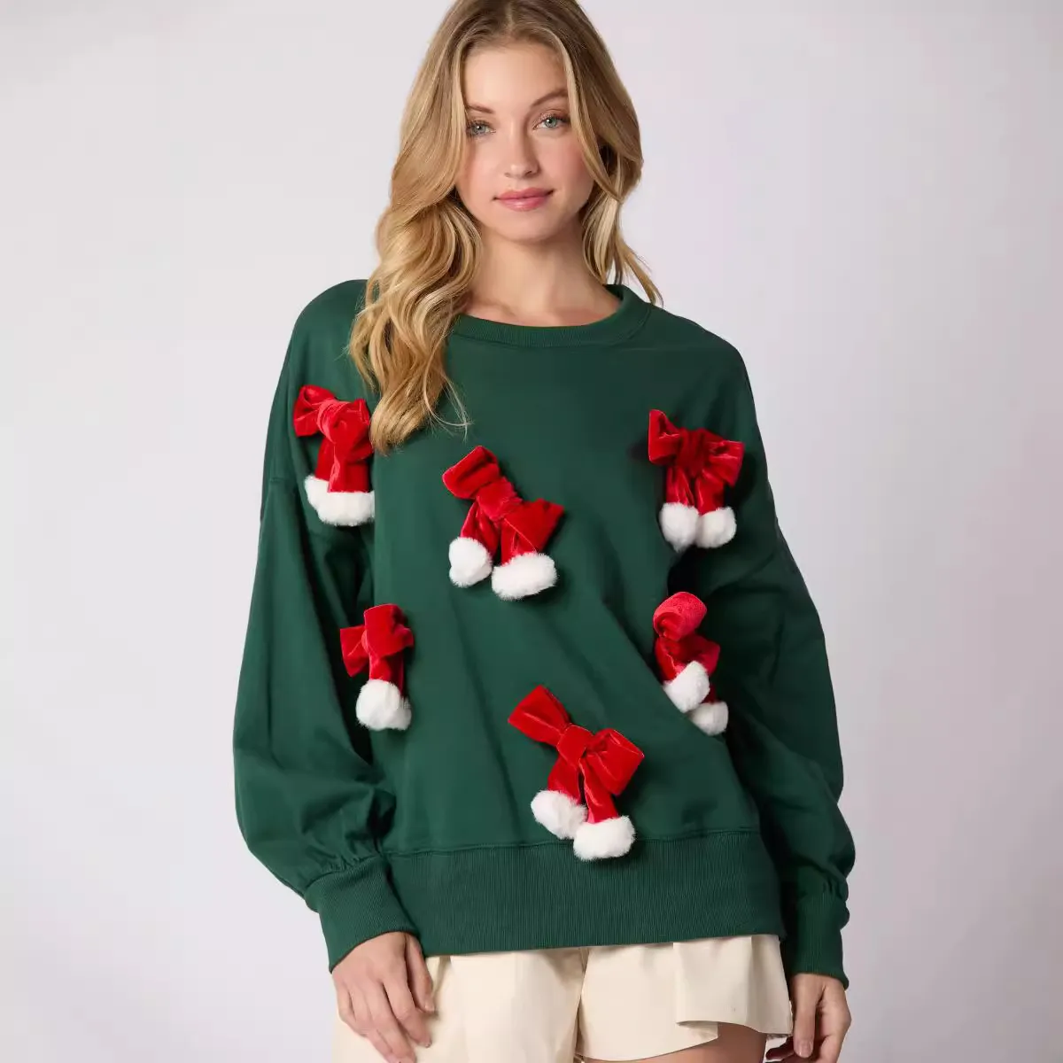 Christmas Women Fashion Casual Autumn And Winter Bow Decorative Long Sleeve Loose Sweatshirt