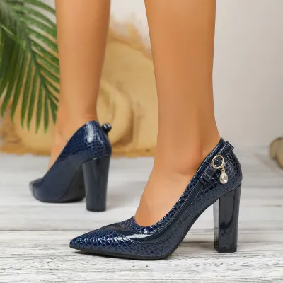 Women Fashion Casual Solid Color Snake Pattern Pointed-Toe Thick High Heels Pumps Shoes