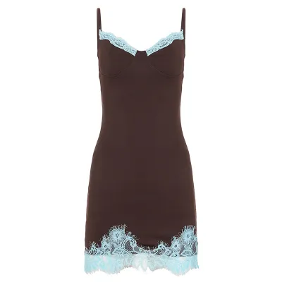 Women Fashion Sexy Lace Stitching Color Contrast Spaghetti Strap Slim-Fit Dress