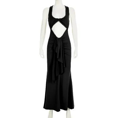 Women'S Fashion Sexy Solid Color Kink Hollow Pleated Sleeveless Slim-Fit Dress
