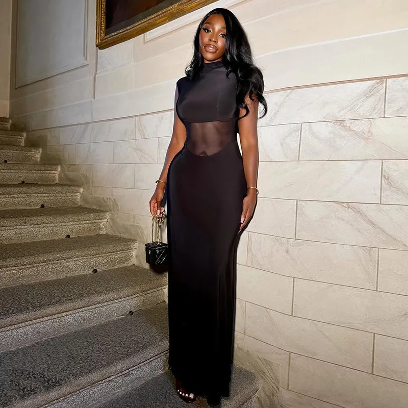 Women Fashion Sexy Solid Color High Collar Waisted Mesh Stitching Perspective Sleeveless A- Line Dress