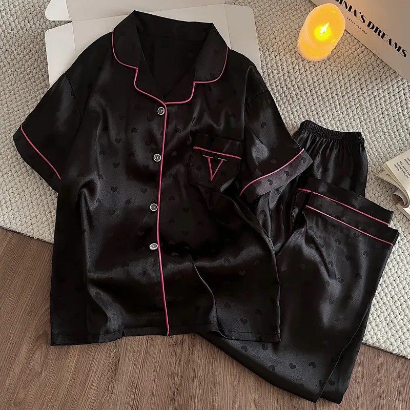 Women Fashion Casual Spring Autumn Love Heart Jacquard Ice Silk Lapel Long-Sleeve Cardigan Loose Pants Pajamas Two-Piece Set