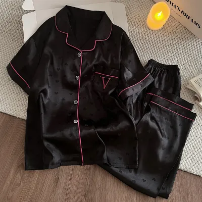 Women Fashion Casual Spring Autumn Love Heart Jacquard Ice Silk Lapel Long-Sleeve Cardigan Loose Pants Pajamas Two-Piece Set