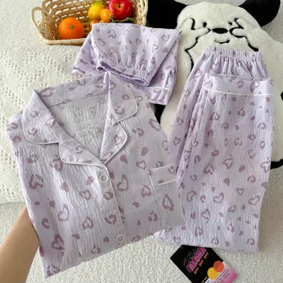 Women Fashion Casual Summer Love Leopard Printed Short-Sleeve Cardigan Loose Shorts Pants Pajamas Three-Piece Set