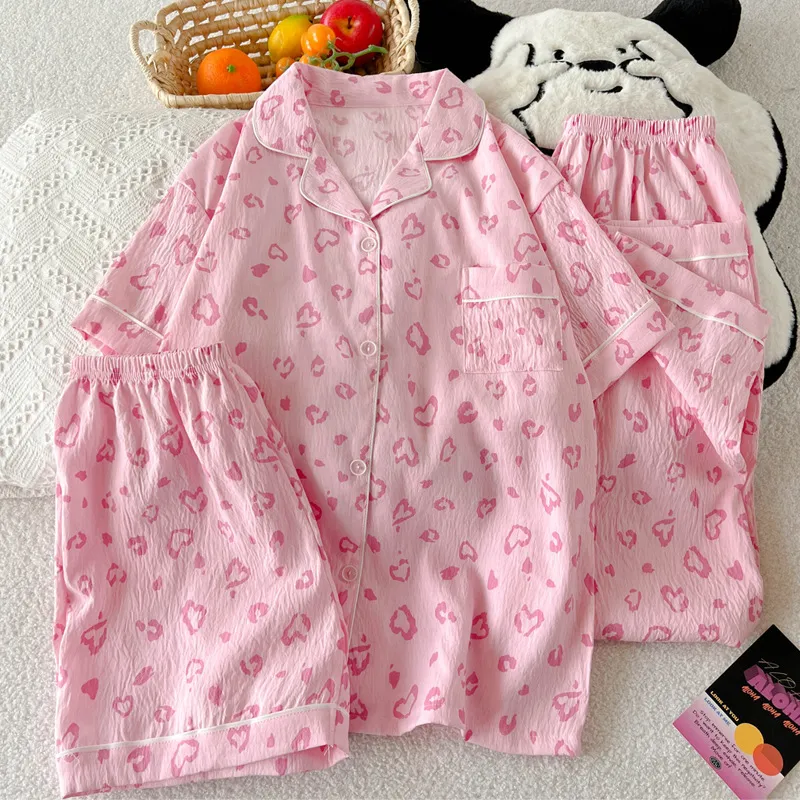 Women Fashion Casual Summer Love Leopard Printed Short-Sleeve Cardigan Loose Shorts Pants Pajamas Three-Piece Set