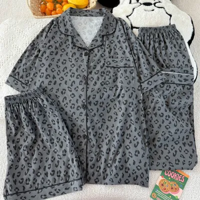 Women Fashion Casual Summer Leopard Lapel Short-Sleeve Cardigan Loose Shorts Pants Pajamas Three-Piece Set