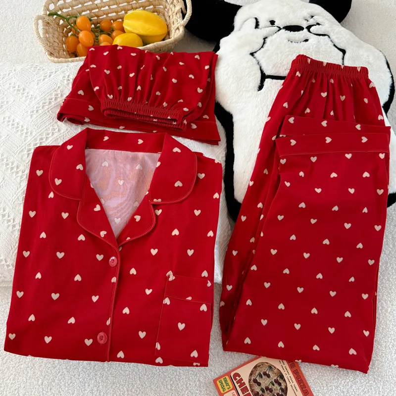 Women Fashion Casual Summer Love Printed Lapel Short-Sleeve Cardigan Loose Shorts Pants Pajamas Three-Piece Set
