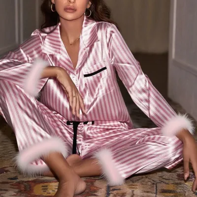 Women'S Fashion Casual Autumn Stripe Long Sleeve Furry Cuffs Cardigan Loose Pants Pajamas Two-Piece Set