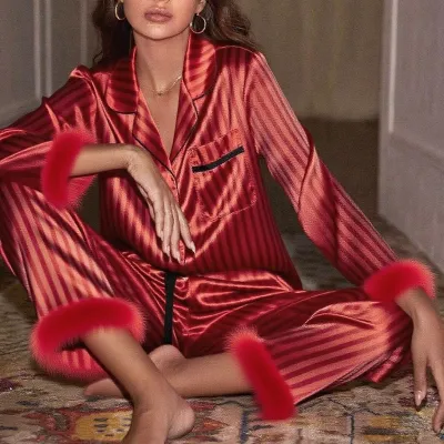 Women'S Fashion Casual Autumn Stripe Long Sleeve Furry Cuffs Cardigan Loose Pants Pajamas Two-Piece Set