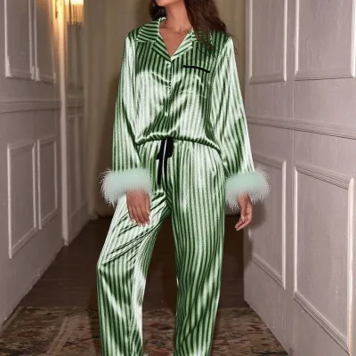 Women'S Fashion Casual Autumn Stripe Long Sleeve Furry Cuffs Cardigan Loose Pants Pajamas Two-Piece Set