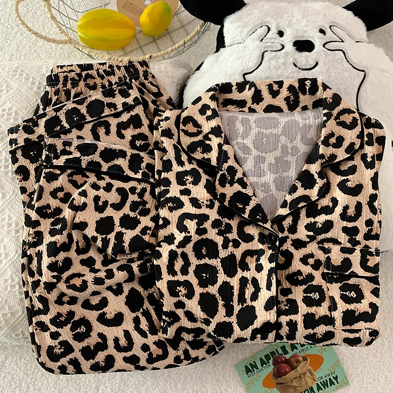 Women Fashion Casual Spring And Autumn Leopard Long Sleeve Cardigan Loose Pants Pajamas Two-Piece Set