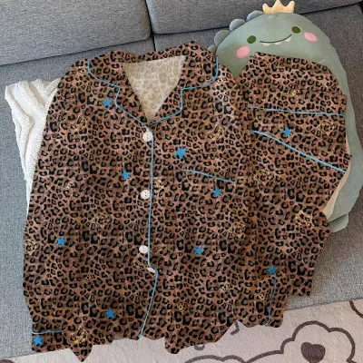 Women Fashion Casual Spring And Autumn Leopard Long Sleeve Cardigan Loose Pants Pajamas Two-Piece Set