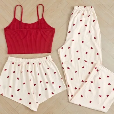 Women Fashion Sexy Summer Love Printed Camisole Loose Shorts Pants Pajamas Three-Piece Set