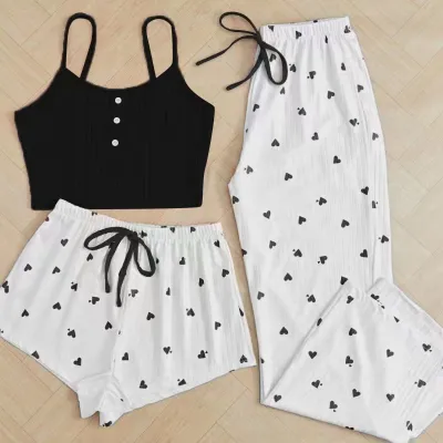 Women Fashion Sexy Summer Love Printed Camisole Loose Shorts Pants Pajamas Three-Piece Set