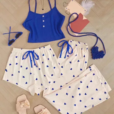 Women Fashion Sexy Summer Love Printed Camisole Loose Shorts Pants Pajamas Three-Piece Set