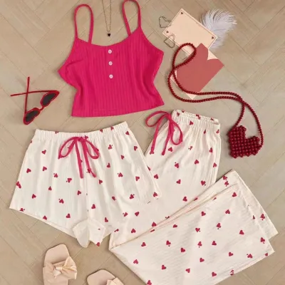Women Fashion Sexy Summer Love Printed Camisole Loose Shorts Pants Pajamas Three-Piece Set