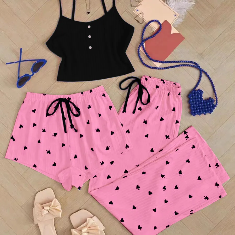 Women Fashion Sexy Summer Love Printed Camisole Loose Shorts Pants Pajamas Three-Piece Set