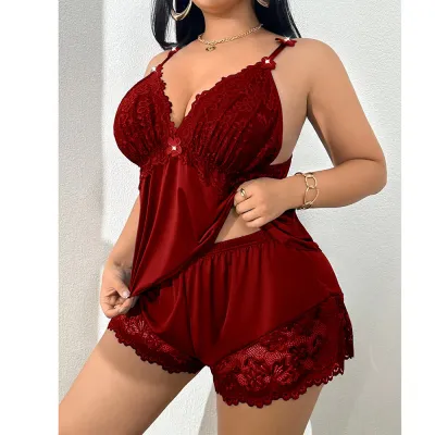 Women Fashion Sexy Summer Solid Color Lace Camisole Shorts Pajamas Two-Piece Set