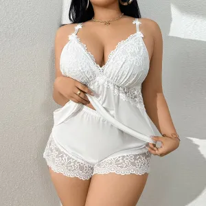 Women Fashion Sexy Summer Solid Color Lace Camisole Shorts Pajamas Two-Piece Set