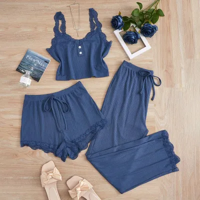 Women Fashion Sexy Solid Color Lace Camisole Shorts Pants Pajamas Three-Piece Set