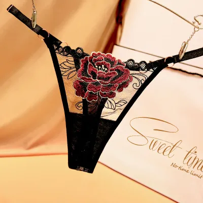 Women Fashion Sexy Flower Embroidered Low Waist Adjustable Thong