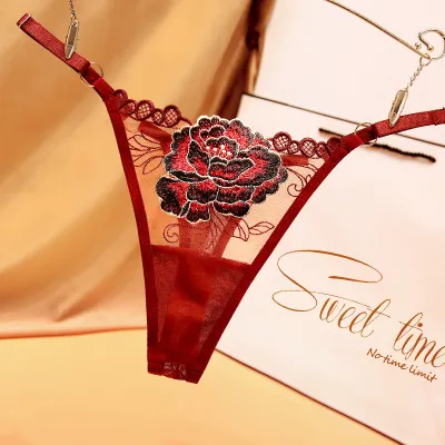 Women Fashion Sexy Flower Embroidered Low Waist Adjustable Thong