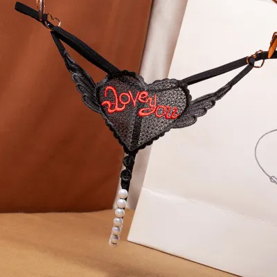 Women Fashion Sexy Peach Heart Pearl Perspective Jacquard Embroidery Thong