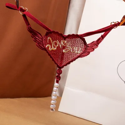 Women Fashion Sexy Peach Heart Pearl Perspective Jacquard Embroidery Thong