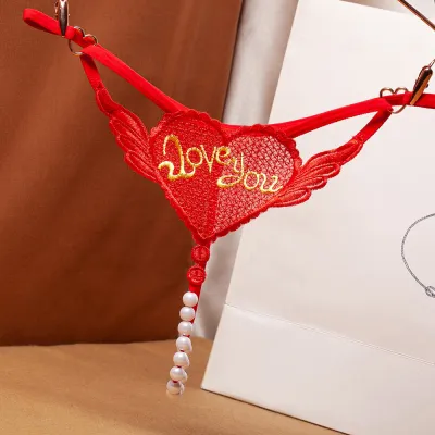 Women Fashion Sexy Peach Heart Pearl Perspective Jacquard Embroidery Thong