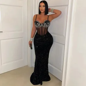 Women Fashion Sexy Velvet Sequins Rhinestone Spaghetti Strap Slim Fit Party Dress