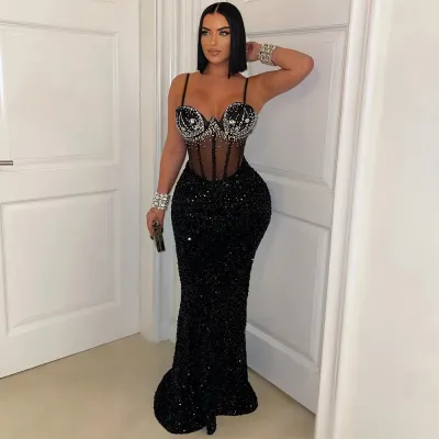 Women Fashion Sexy Velvet Sequins Rhinestone Spaghetti Strap Slim Fit Party Dress