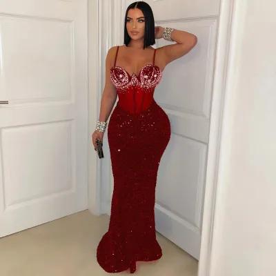 Women Fashion Sexy Velvet Sequins Rhinestone Spaghetti Strap Slim Fit Party Dress