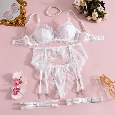 Women Fashion Solid Color Lace Perspective Sexy Lingerie Set