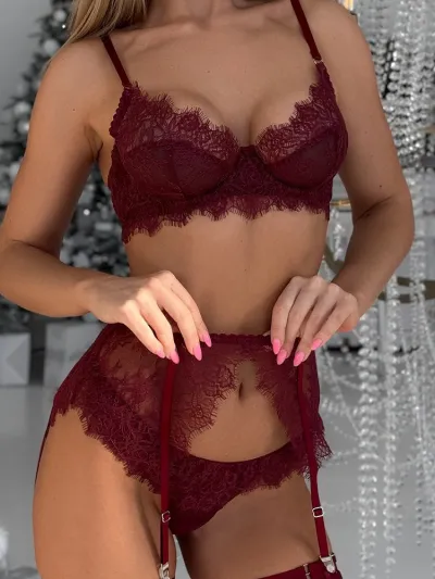 Women Fashion Solid Color Lace Perspective Sexy Lingerie Set
